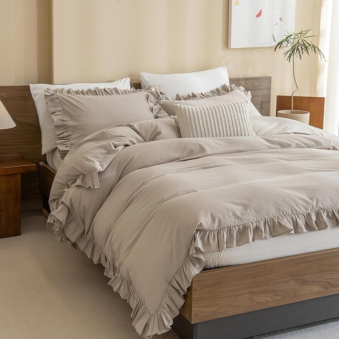 QSH Washed Cotton Duvet Cover King Ruffle Duvet Cover Linen Textured Farmhouse Shabby Vintage Chic Bedding Comforter Cover 3 PCs Aesthetic French Country Vintage King Bedding