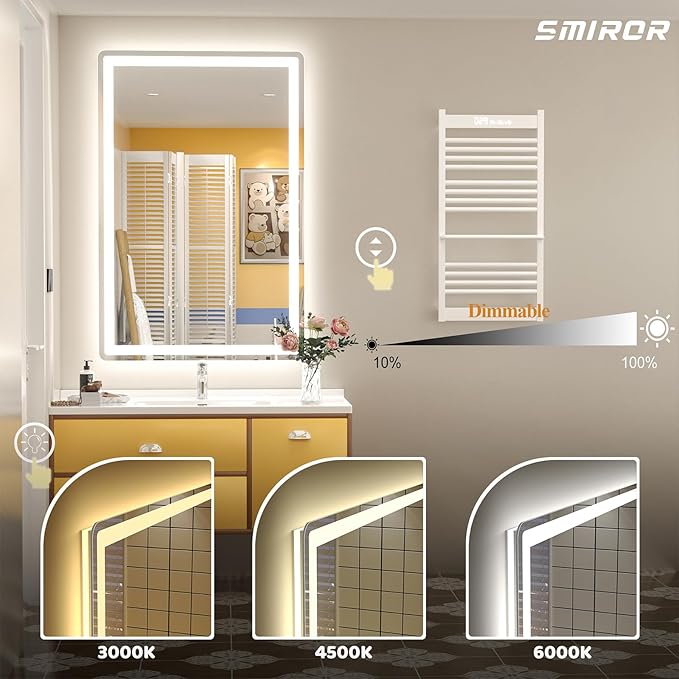 SMIROR LED Bathroom Mirror with Lights 22"x 30", Rounded Rectangle Lighted Vanity Mirror for Wall, Front Lit and Backlit, 3 Colors, Dimmable, Anti-Fog, Tempered Glass (Horizontally/Vertically)