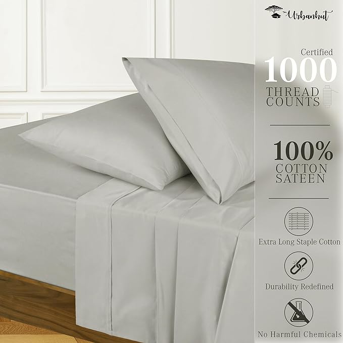 URBANHUT 1000 Thread Count Egyptian Cotton Sheets California King Size, Breathable Long Staple, 4 Pc Bed Sheet Sets, Luxury Hotel Sateen Sheets Fits 16" Deep Pocket - Silver Grey
