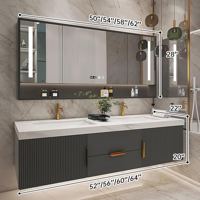 Bathroom Vanity with Double Sink, Modern Bathroom Vanities Compo Includes LED Smart Defogging Mirror Cabinet and Open Shelf, Solid Wood Bathroom Sink Vanity with Slate Countertop (Dark Grey,64")