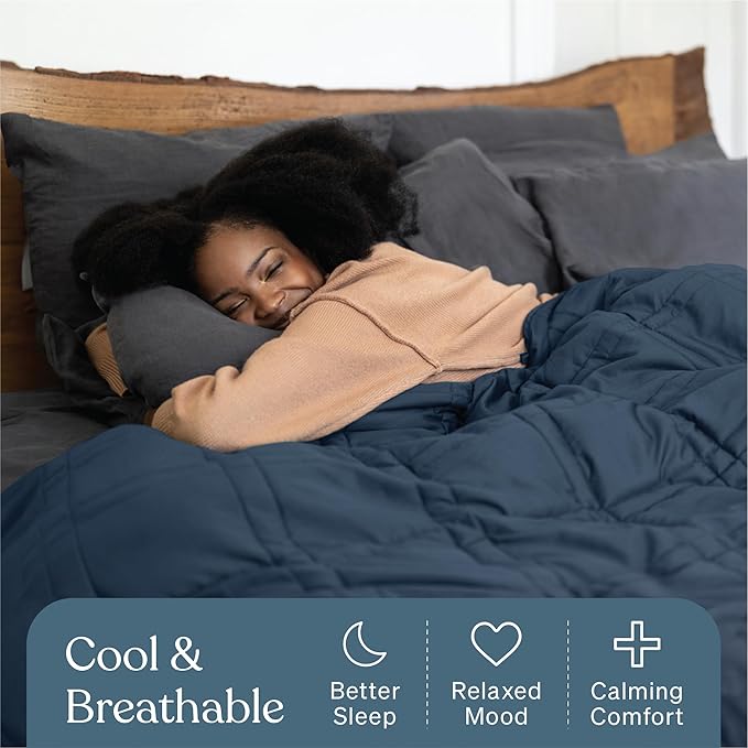 Baloo Weighted Blanket for Adults 15 lb (Navy Blue, 60"x80") | Cool & 100% Cotton | Machine Washable & Dryer Safe | Glass Microbead Fill