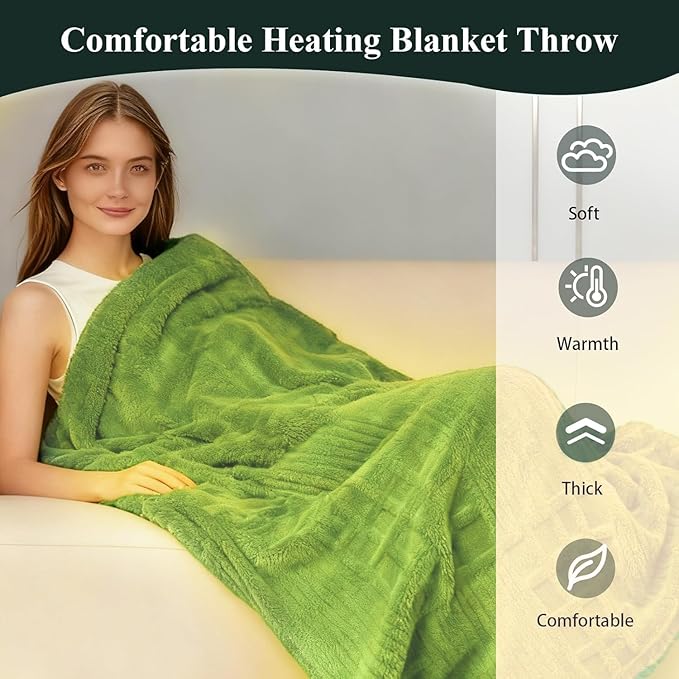 Heated Blanket Electric Throw, 50"X60" Heating Blanket Waffle with 12 Heat Levels, Fast Heating Blanket with 1-12 Timer with ETL & FCC for Bed Home Office Sofa (Trend Green)