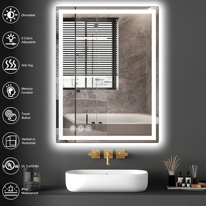 Bathroom Mirror, 28"x 36" Vanity Mirror with Lights, LED Mirrors with Anti-Fog, Stepless 3 Colors Temperature & Dimmable, Memory Tempered Glass Bathroom Mirrors for Over Sink