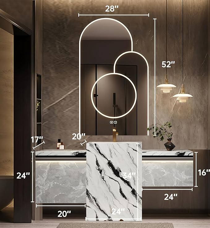 Single Sink Freestanding Bath Vanity, Modern Bath Vanity with LED Smart Mirror, 68IN Solid Wood Floating Bathroom Sink Cabinet with Marble Slate Top and Large Storage Drawer
