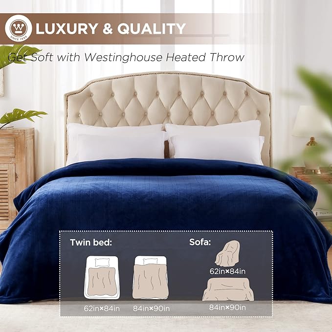 Westinghouse Full Size Electric Heating Blanket, 10 Levels, Auto Shut Off, Fast Heating, Machine Washable (72x84 Inches, Navy Blue)