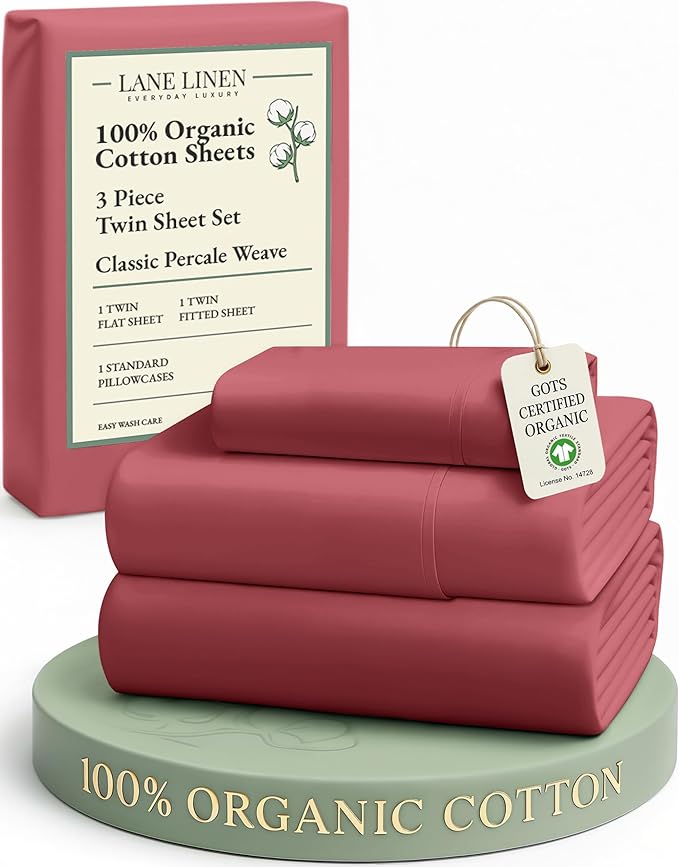 LANE LINEN Eco Friendly 100% Organic Cotton Twin Bed Sheet Set, Soft & Breathable Fully Elasticized Mercerized Cotton Twin Size Bedding Sheets & Pillowcase Set, Deep Pocket Bed Sheets - Mineral Red