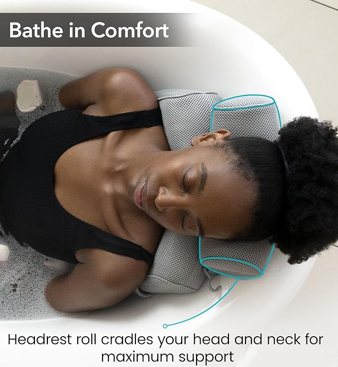 Everlasting Comfort Luxury Bath Pillows for Tub with Head and Neck Support - Non-Slip Bathtub Pillow with Suction Cups, Quick-Drying Mesh & Drying Hook - Jacuzzi & Spa Accessories for Women - Gray