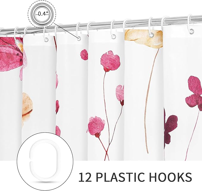 Gibelle Watercolor Floral Shower Curtain, Hot Pink Flower Shower Curtain for Bathroom, Modern Minimalist Waterproof Fabric Shower Curtain Set with Hooks 72x72 Inch