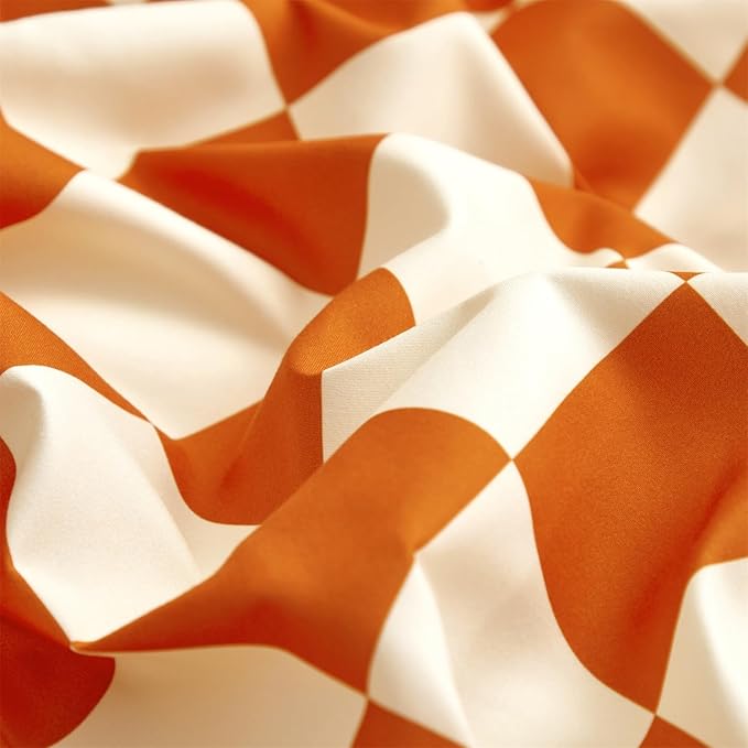 KAREVER Orange White Grid Comforter Set Full Burnt Orange Plaid Bedding Set Girls Reddish White Checkered Bed Blanket Set Kids Breathable Durable Bedding Comforter Set