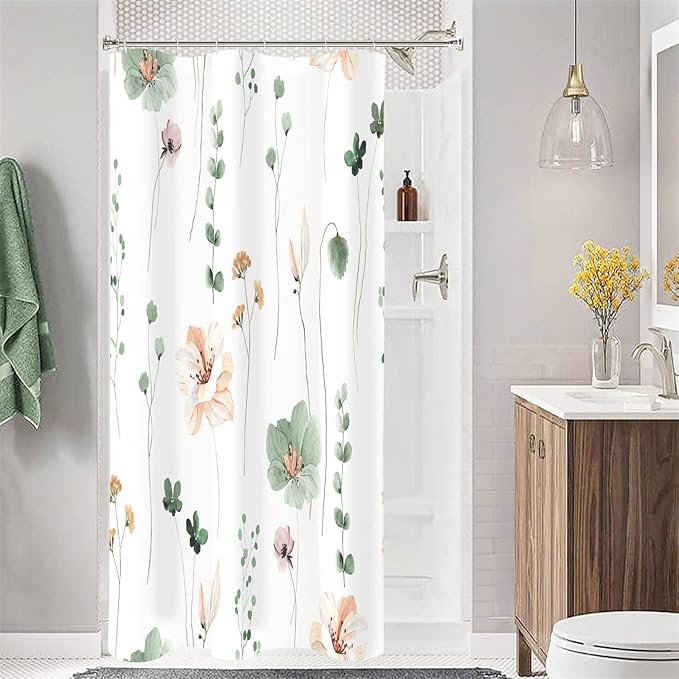 Gibelle Small Stall Shower Curtain 36 x 72, Narrow Half Watercolor Floral Fabric Shower Curtain, Sage Green Beige Flower Decorative Bathroom Shower Curtain Set with Hooks