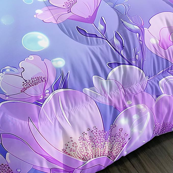 Pretty Mermaid Comforter Twin for Girls Kids, Mermaid Fish Scale Floral Pattern Bedding for Girls Bedroom Decor, Ocean Themed Comforter Bedding Sets with 2 Pillowcases