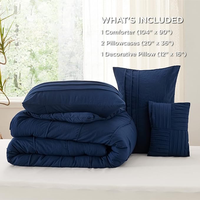 Bedsure King Comforter Set - 4 Pieces Pinch Pleat Bed Set, Navy Blue Boho Bedding for All Season, 1 Soft Comforter, 2 Pillowcases, 1 Decorative Pillow