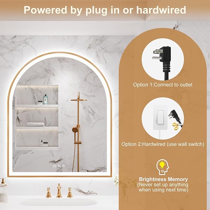 Arched LED Mirror for Bathroom 30"x36", Orange Gold LED Bathroom Mirror with Lights-Fogless, Dimmable, 3 Color Changing, Shatterproof, Touch Sensor