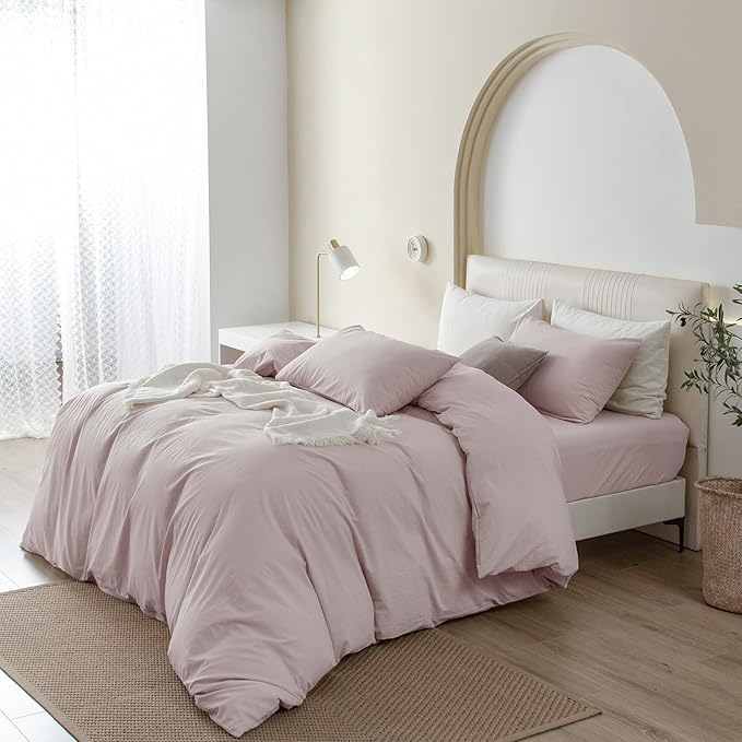 JIYUAN 100% Washed Cotton Duvet Cover Set 3 Pieces Cal King, 1 Duvet Cover 104x98 Inches (Comforter Not Included) and 2 Pillowcases,Linen Feel Bedding Set Comfy and Breathable, Heathered Greyish Pink