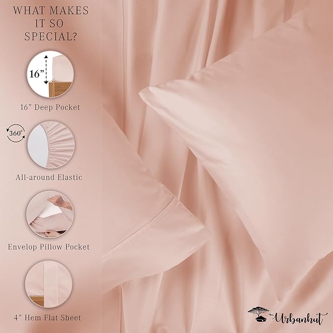 URBANHUT 1000 Thread Count Egyptian Cotton California King Sheet Set, Hotel-Style Luxury Bedsheets, Fits up to 16" Deep Pocket Mattress, 4 Pc Soft & Breathable, Sateen Weave - Blush Pink