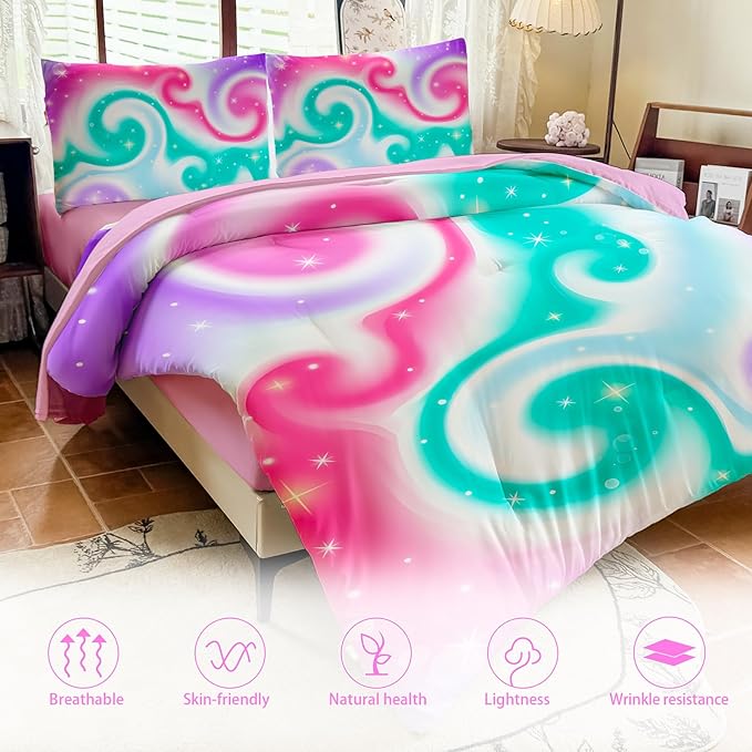 Girls Full Size Bedding Sets Rainbow Bedding – 5 Piece Comforter Set Full, Gradient and Colorful Galaxy Comforter for All-Season – Machine Washable, Durable – Gift Idea for Boys and Girls Room