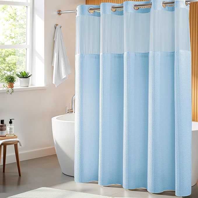 River Dream Sky Blue Fabric Shower Curtain Set, Cotton Blend, Waffle Weave, with Snap in Replacement Liner，71 x 74 inches