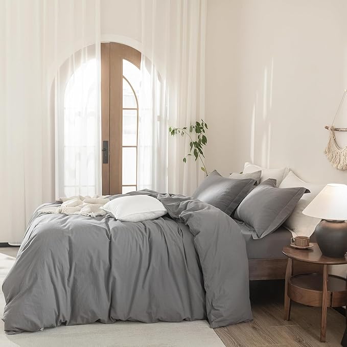 Dark Grey Duvet Cover Oversize Queen Size Bedding Set Cover 100% Washed Cotton Duvet Cover with Zipper Closure and 2 Pillowcases, 98inch x 98inch