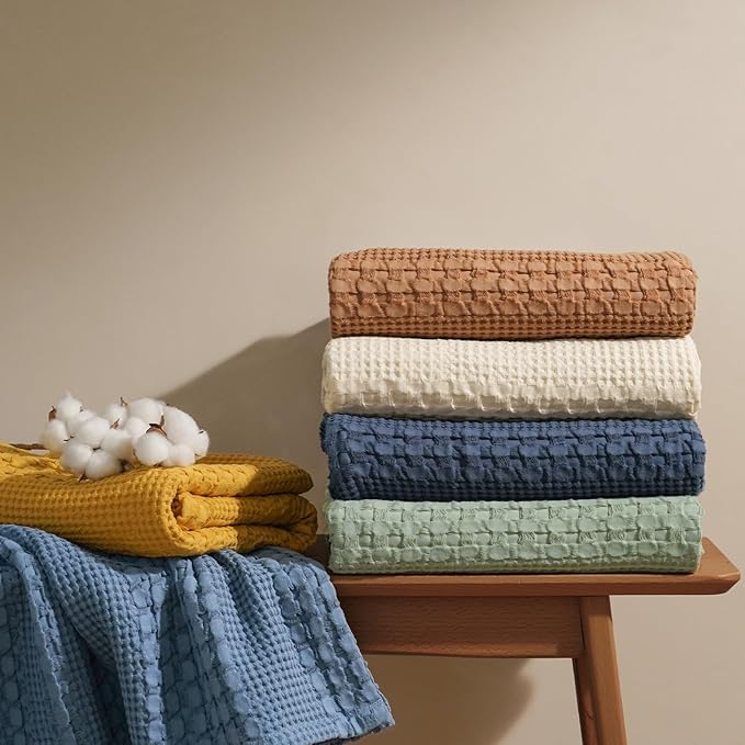 PHF 100% Cotton Waffle Weave Throw Blanket, Soft Lightweight Breathable Cozy Throws for Couch Bed Sofa, Luxury Aesthetic Woven Blanket for Home Decor & Office, 50"x60", Dark Grey