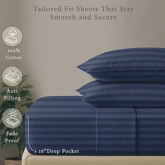 Threadmill 500 Thread Count Queen Size Damask Stripe, 4 Pc Luxury Cotton Sheet Set, Silky Smooth Folkstone Blue Sheets with 16" Elasticized Deep Pocket, 2 Pillowcases & Free Tote Bag