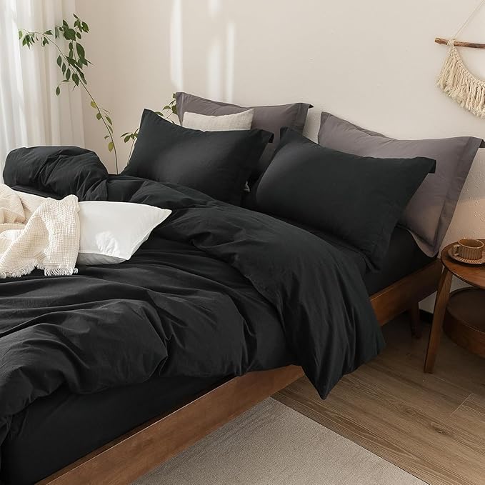 Black Duvet Cover Super King Plus Size 100% Washed Cotton Bedding Set Cover 1 Duvet Cover with Zipper Closure and 2 Pillowcases, 120inch x 120inch