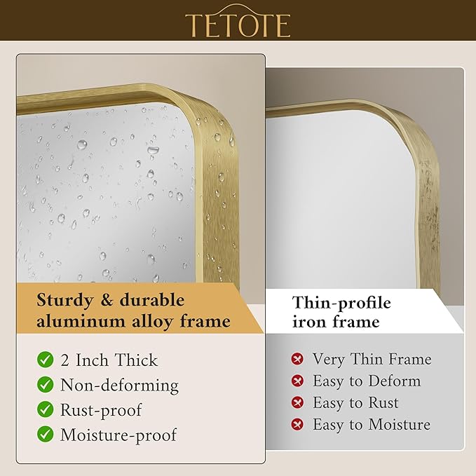 TETOTE Brushed Gold Bathroom Mirror, 24 x 36 Inch Metal Framed Mirror, Brushed Brass Rectangle Wall Mounted Golden Vanity Mirror (Horizontal/Vertical)