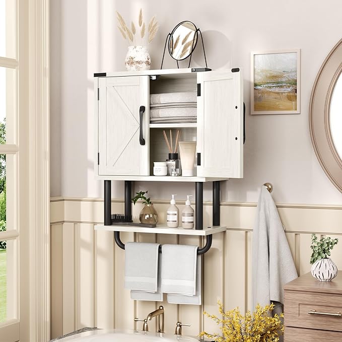 AmazerBath Bathroom Wood Wall Cabinets, Farmhouse Medicine Cabinets Organizer with Towel Bar, Hanging Small Storage Cabinet with Adjustable Shelf, 2 Doors Wall Organizer Cabinet for Small Spaces