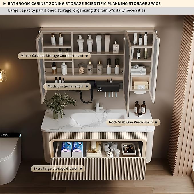 76” Bathroom Vanity Set, Floating Bathroom Vanities with Single Sink, Smart Defog Mirror Cabinet and LED Strip Light, Oak Wood Elegant Bathroom Cabinet with Storage Space (Milk Coffee)