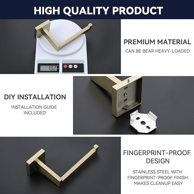LANC Gold Toilet Paper Holder, Brushed Gold Toilet Paper Roll Holder Wall Mounted for Bathroom Kitchen RV Modern Toilet Tissue Holder Dispenser Rustproof SUS304 Stainless Steel Right, A8807BG
