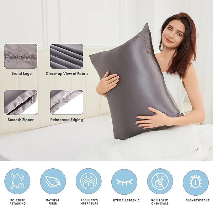 100% Mulberry Silk Pillowcases with Zipper– Luxurious, Anti-Aging Pillow Covers, 22 Momme 6A Grade Silk Pillow Cases 2 Pack for Hair and Skin Care (Dark Grey, Standard)