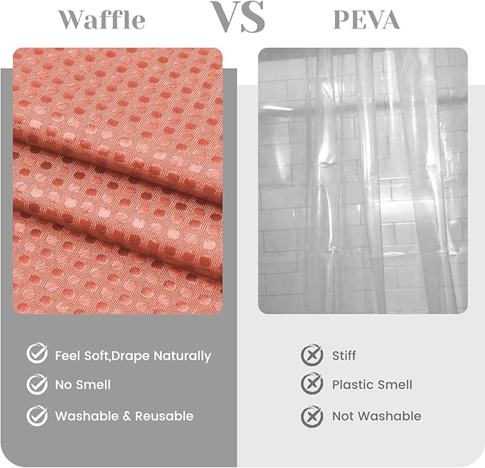 No Hook Shower Curtain with Snap in Liner Set Waffle Shower Curtain for Bathroom Hotel Style Fabric Waterproof Inner Liner，71" W x 74" H, Coral