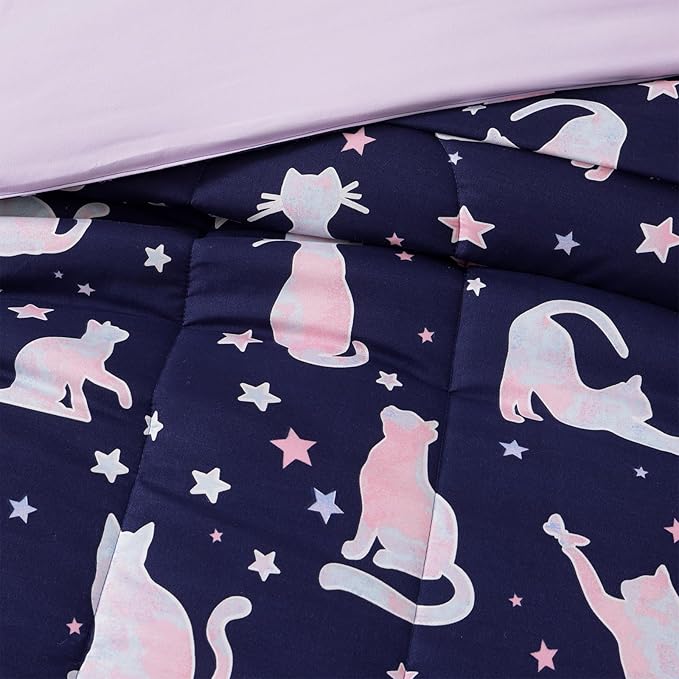 Twin Comforter Set for Girls-3 Pieces Cute Cat Twin Bedding Sets for Kids,1 Comforter,1 Sham and 1 Decor Pillow