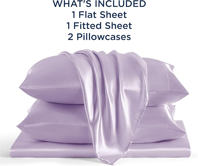 Bedsure Satin Sheets Queen Size - 4 Piece Silky Bedsheets with 15 Inches Deep Pocket Fitted Bedsheet,1 Flat Sheet, 2 Satin Pillowcases, Good for Hair & Skin (Queen, Lavender)