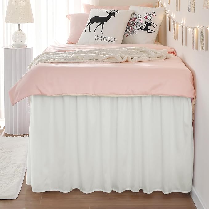RIMELA Dorm Bed Skirt Twin XL 42 Inch Drop, Easy to Install Extra Long Wrap Around Elastic Dust Ruffle, Warm White Bedskirt Solid Silky Fabric Machine Washable (Twin XL 80“L x 39”W & Twin 75“L x 39”W)