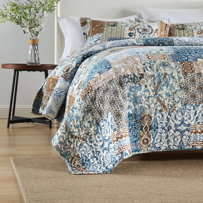 ENASAL Cotton Bedspread Quilt Bedding Sets Reversible Coverlet Comforters Blue Bohemian Rustic Floral Patchwork Pattern Bedspread for All Season,Queen Size