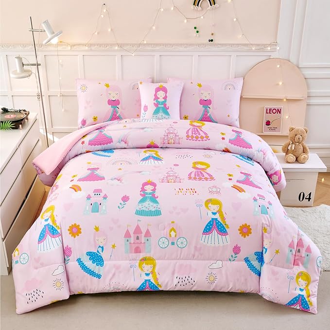 ANGIYUIN 6Pcs Pink Princess Kids Comforter Set Full Cute Rainbow Girl Bed in A Bag Fairy Tales Castle Bedding Set(1 Comforter, 1 Flat Sheet, 1 Fitted Sheet, 2 Pillowcases,1 Square Pillowcases)