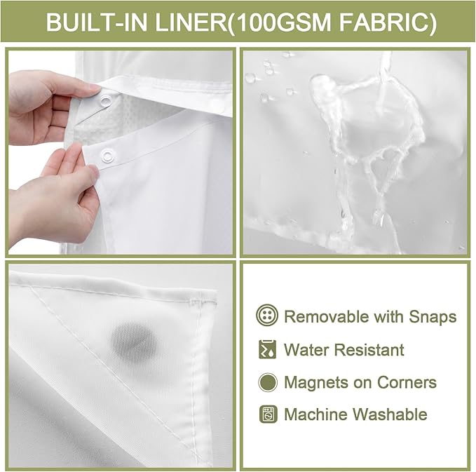 YellyHommy Waterproof Fabric Snap in Shower Curtain Liner Replacement with 2 Magnets 35" W x 55" L for 36" W x 75" L No Hook Shower Curtain - Removable & Detachable to Wash - White