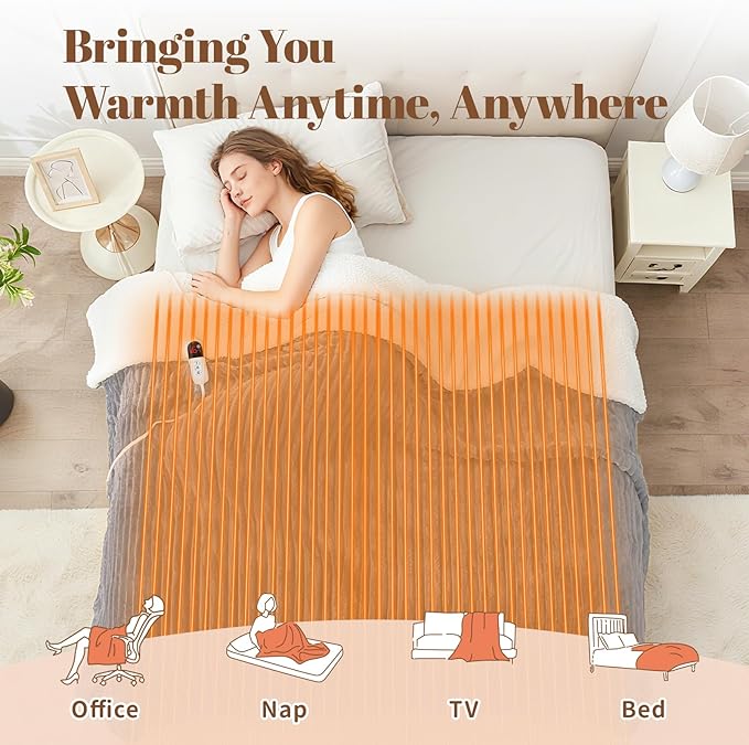 Electric Heated Throw Blanket - 50"x60" Fast Heating Bed Blankets with 6 Heating Levels & 4 Hours Auto Off, Soft Ribbed Flannel Sherpa, Over-Heated Protection ETL, Light Gray
