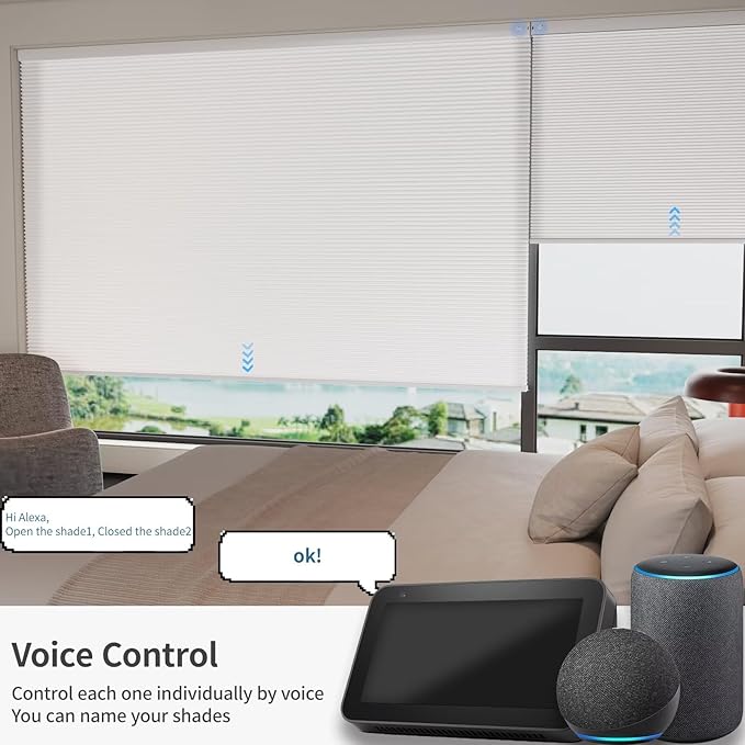 MYshade Motorized Cellular Shades - Smart Blinds Compatible with Alexa/Google Home/SmartThings,Light Filtering Rechargeable Cordless Honeycomb Blinds, Custom-Size Auto Shades for Windows (White)