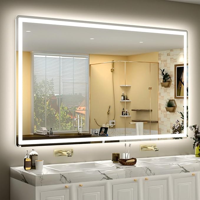 SMIROR LED Bathroom Mirror with Lights 60"x 36", Rounded Rectangle Lighted Vanity Mirror for Wall, Front Lit and Backlit, 3 Colors, Dimmable, Anti-Fog, Tempered Glass (Horizontally/Vertically)