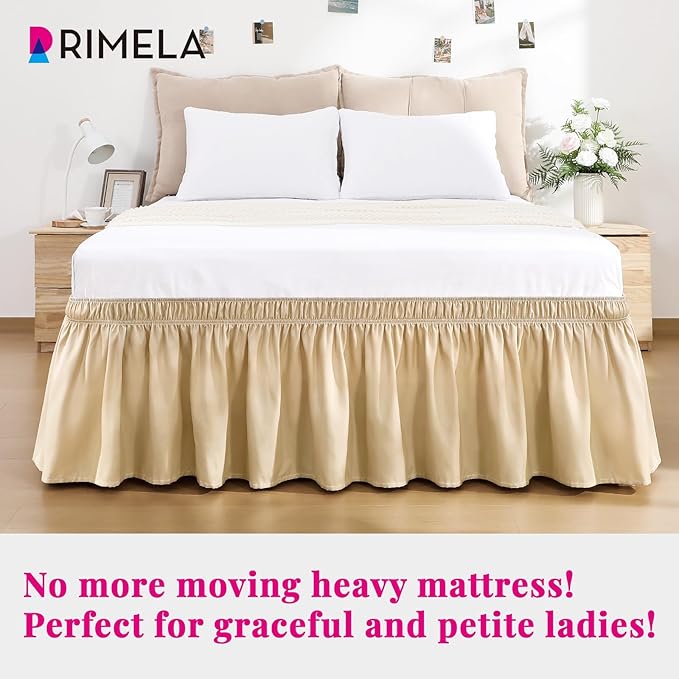 RIMELA Beige Bed Skirt King Size 15 Inch Drop, Wrap Around Elastic Bedskirt, Dust Ruffle for Adjustable Bed Base Machine Washable Easy to Install Bed Skirts