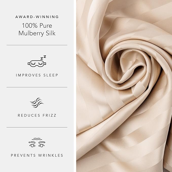 Fishers Finery 25mm 100% Pure Mulberry Silk Pillowcase Set (Taupe Stripe King 2 Pack)