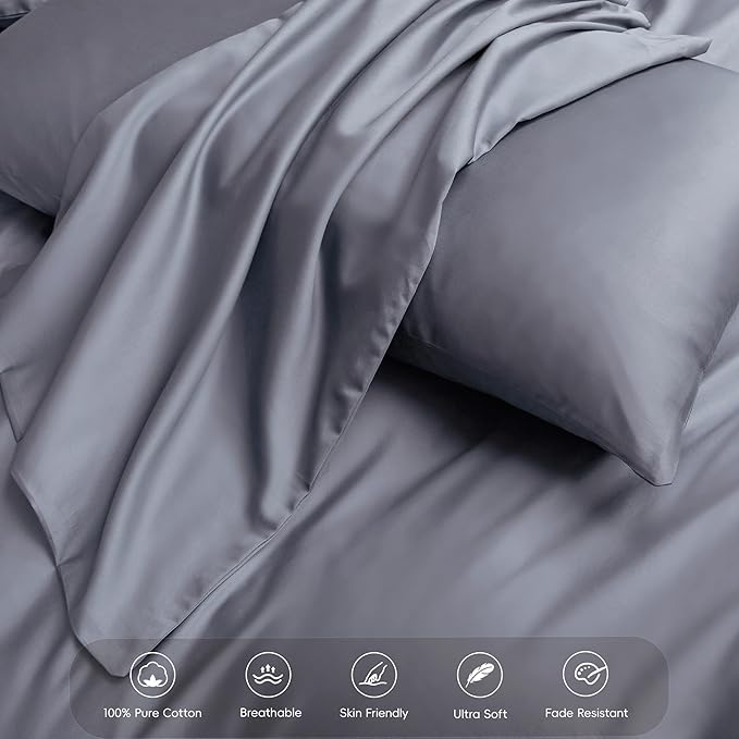 MooMee Duvet Cover Set 100% Extra Long Staple Cotton 600 Thread Count Silky Sateen Smooth Luxury Soft Breathable Durable Hotel Quality Bedding, 3 Pieces (Blueish Grey, King 104"x90")