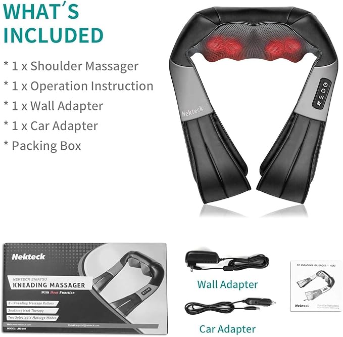 Nekteck Shiatsu Neck Massager for Pain Relief Deep Tissue with Heat, 3D Kneading Massage Pillow Back Shoulder Massagerfor Body Muscle, Plug-in Use for Home Office Car, Gifts for Mom Dad Him Her