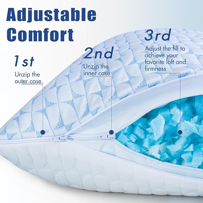 QUTOOL Firm Pillow Shredded Memory Foam(Adjustable Loft), Cooling Pillows for Side, Back, and Stomach Sleepers, Queen Size Set of 2, Washable Cover, CertiPUR-US Certified, Christmas Sleeping Gifts