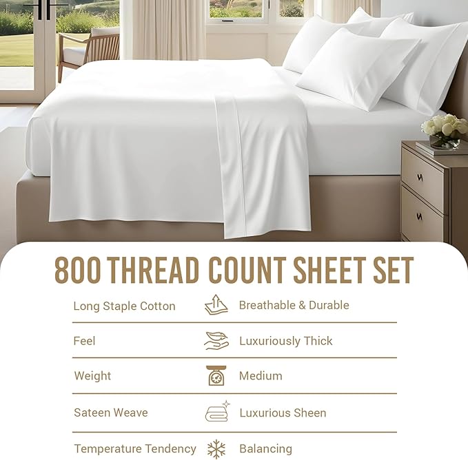 Pizuna Pure 100% Cotton Split King Sheet Set White, 800 Thread Count 100% Long Staple Cotton Split King Sheets for Adjustable Bed, 15" Deep Pocket Sheets (Combed Cotton Bed Sheets)