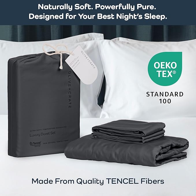 Olive + Crate Luxury 100% Lyocell Eucalyptus Duvet Cover Set Queen Size, Tencel 3PC Vegan Bedding Set, Super Soft Black Cooling Duvet Cover for Hot Sleepers & 2 Pillowcases, Charcoal (90" x 88")