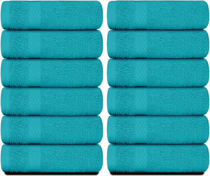 White Classic Luxury Cotton Washcloths 13x13 Inch - 650 GSM Turkish Cotton | Hotel, Spa, Bathroom Face Towel | 12 Pack, Aqua