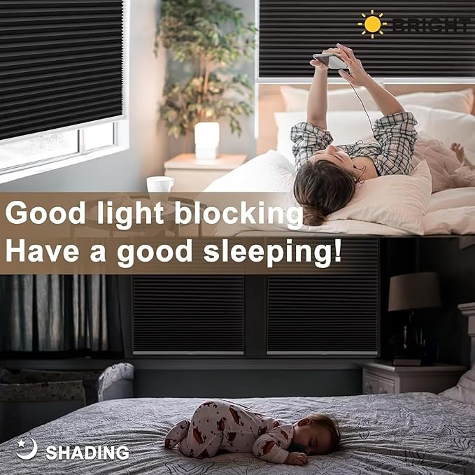 MYshade 1.5-Inch Cellular Cordless Blackout Shades,Thermal Insulating Noise Reducing Waterproof Blinds,Honeycomb Window Treatments for Indoor Light Control (Black-32 W x 64" H)