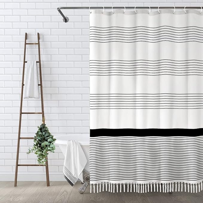 Awellife Black Boho Stripe Shower Curtain for Bathroom with Tassel 72 X 72 Farmhouse Cotton
